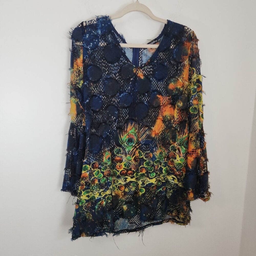 Atmosphere Flared Split 3/4 Sleeve Boho Hippy Semi-Sheer Colorful Tunic MEDIUM